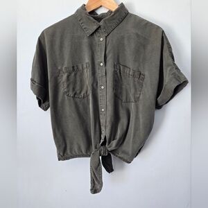 DD77 Women's Oversized Olive Green Casual Front Tie Shirt